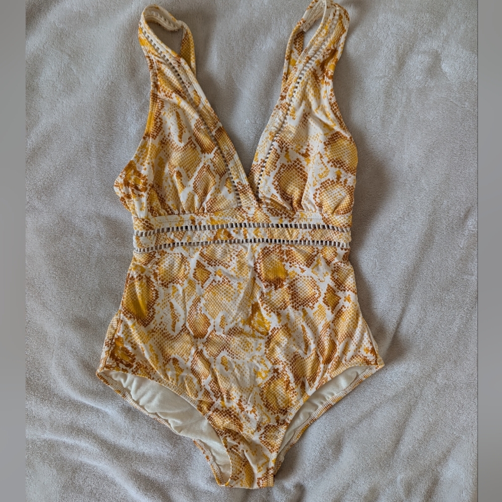 3/$30 Snake Print One Piece Swimsuit - Yellow and Brown